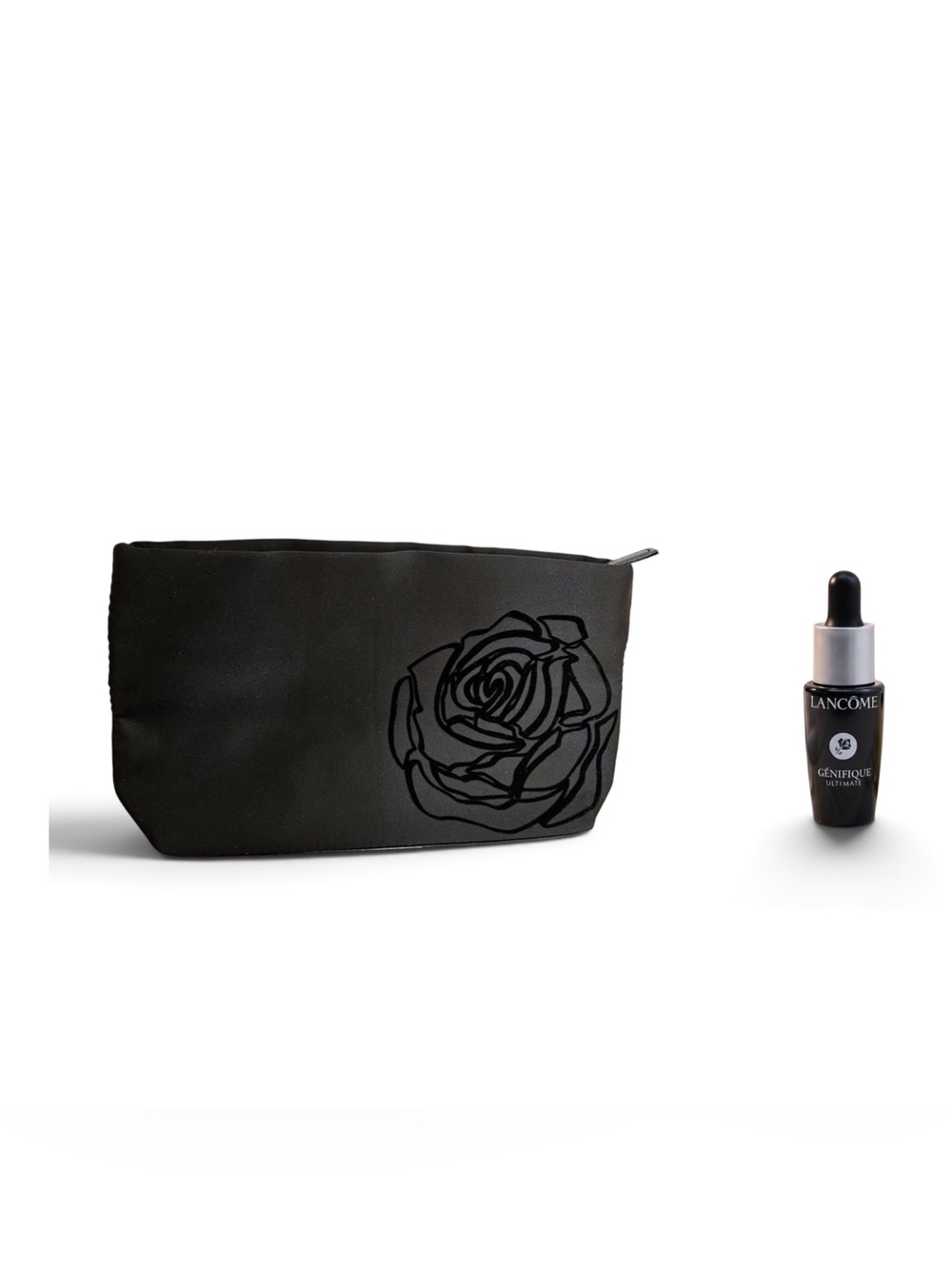 Lancome Black Cosmetic Pouch with Rose Appliqué